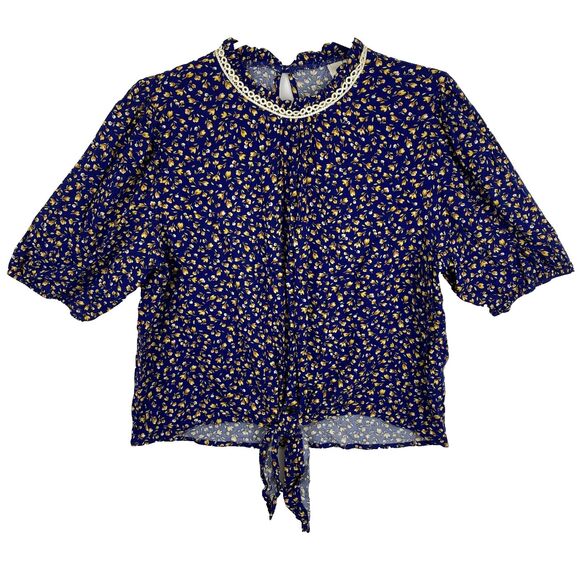 Blue Floral Print Half Sleeve Top Rayon Blouse Women Size L - Picture 2 of 10